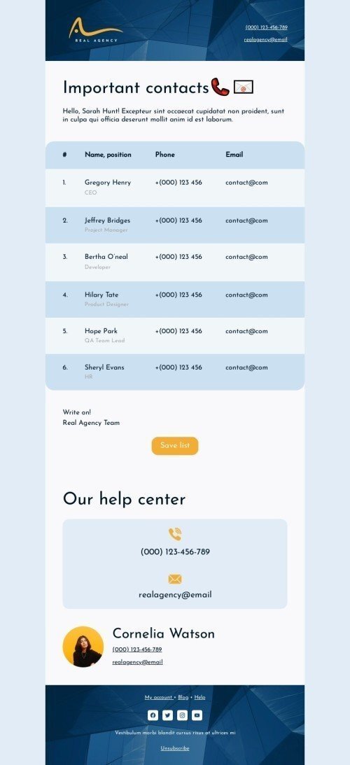 Modèle de courrier électronique promo «Contacts importants» pour le secteur business Affichage mobile