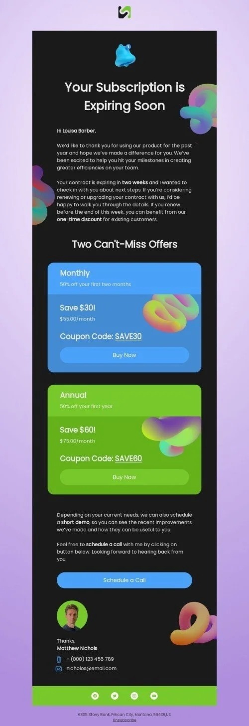 Promo email template "Subscription is expiring soon" for business industry