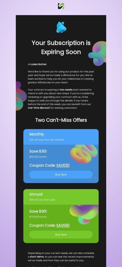 Modello email promo «L'abbonamento sta per scadere» per il settore industriale di commercio Visualizzazione mobile