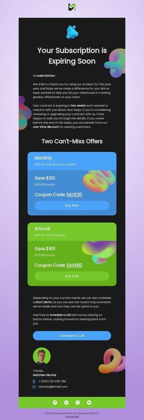 Promo email template "Subscription is expiring soon" for business industrydesktop view