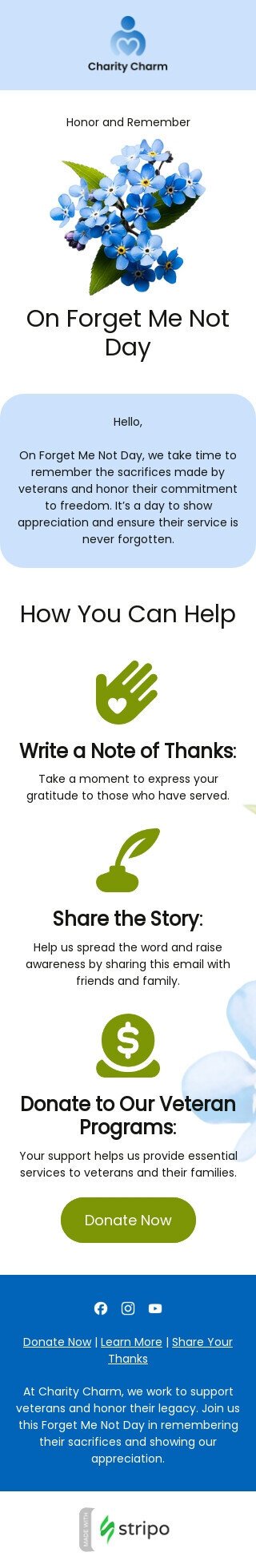 Modello email giorno del non ti scordar di me «Ricordando coloro che servono» per il settore industriale di no profit e beneficenza Visualizzazione mobile