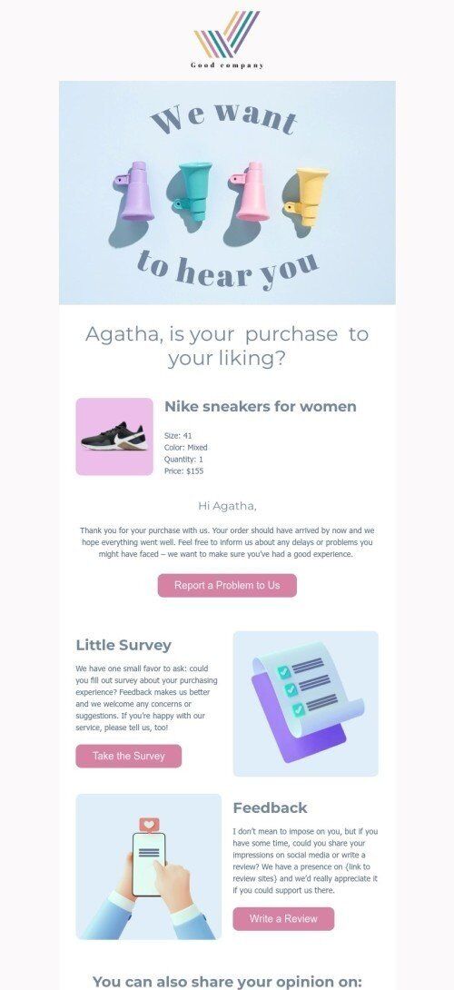 Customer service email template «We want to hear you» for fashion industry mobile view