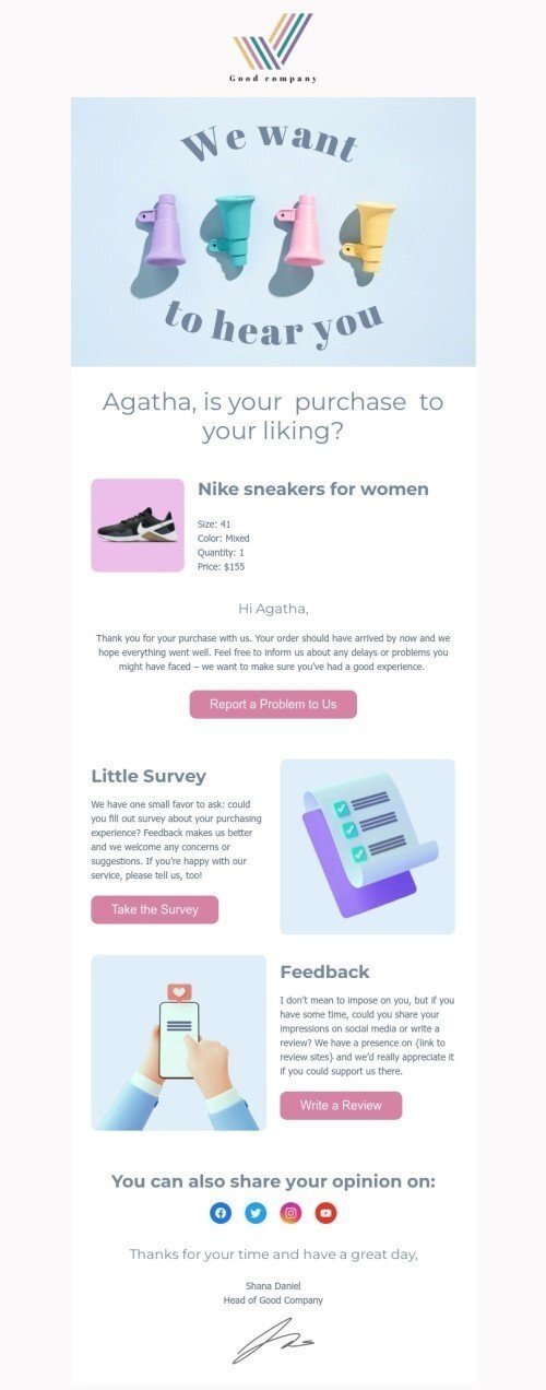 Customer service email template «We want to hear you» for fashion industrydesktop view