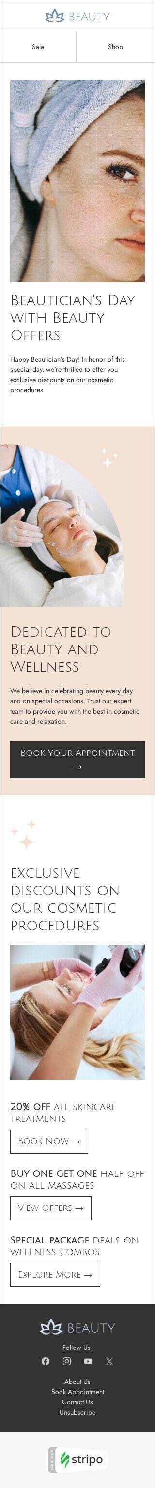 Modelo de e-mail de «Ofertas de beleza» de Dia da esteticista para a indústria de beleza e cuidados pessoais Visualização de dispositivo móvel