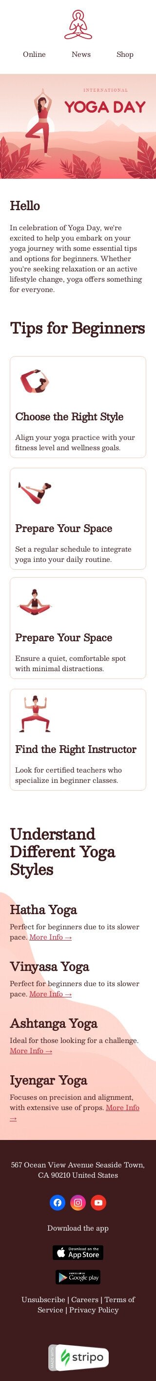 Modello email Giornata dell'estetista «Diversi stili di yoga» per il settore industriale di sport Visualizzazione mobile