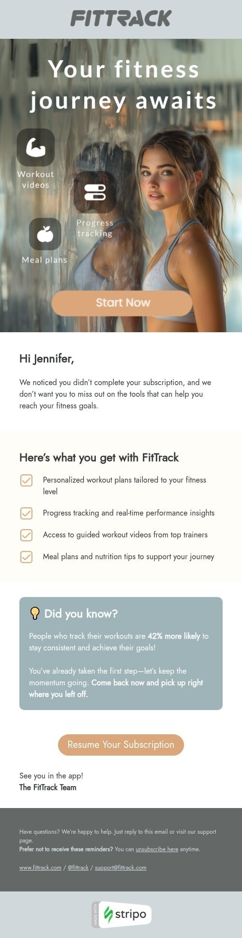 Modelo de e-mail de «Sua jornada fitness espera» de assinatura abandonada para a indústria de aplicações móveis Visualização de dispositivo móvel
