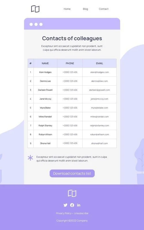 Promo email template «Contacts list» for business industry