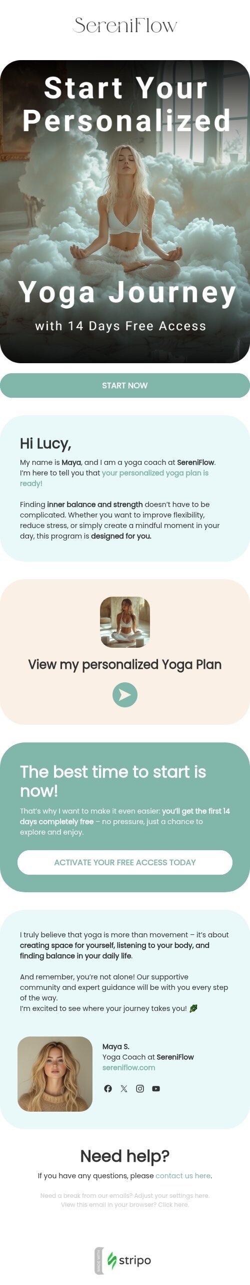 Modèle de courrier électronique abonnement abandonné «Parcours de yoga personnalisé» pour le secteur applications mobiles Affichage mobile