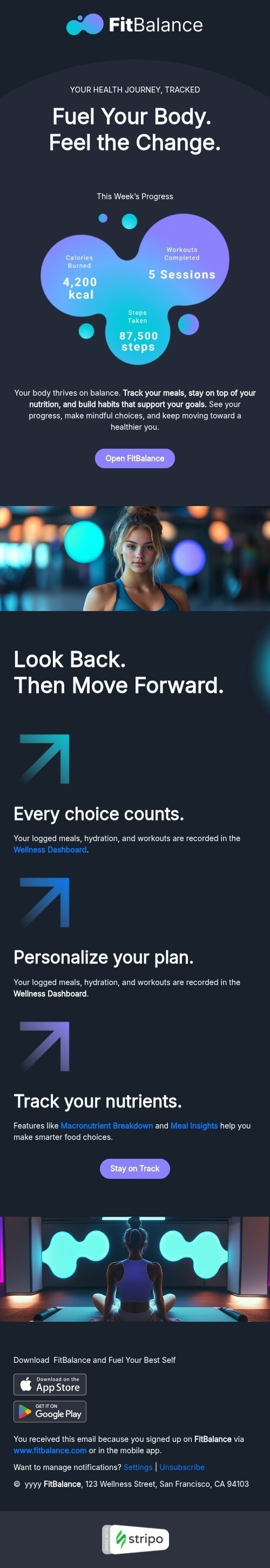 App install email template "Feel the сhange" for mobile applications industry mobile view