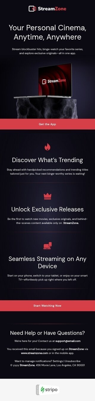App install email template "Your personal cinema" for mobile applications industry mobile view