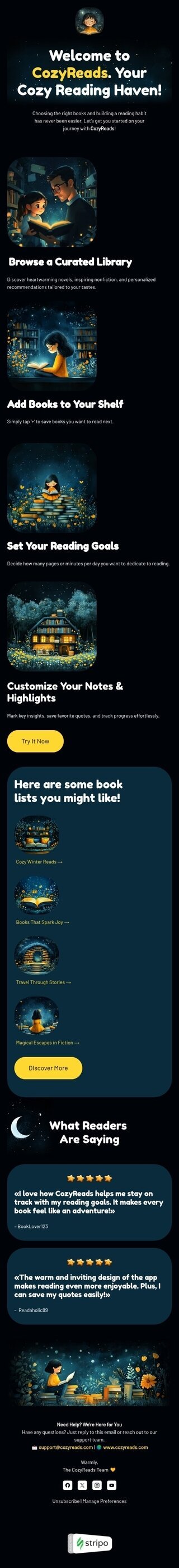 Шаблон письма «Уютное чтение» тематики приветствие для индустрии «Мобильные приложения» мобильный вид