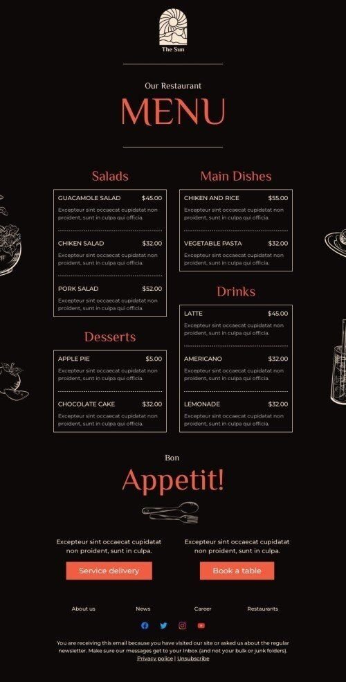 Modèle de courrier électronique promo «La carte du restaurant du soleil» pour le secteur restaurants Affichage mobile