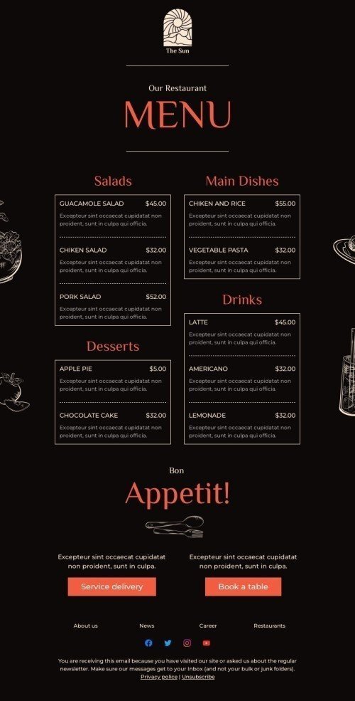 Promo email template "The sun restaurant menu" for restaurants industrydesktop view