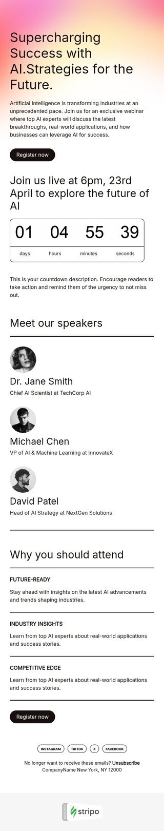 Шаблон письма «Ускоряй успех благодаря искусственному интеллекту» тематики напоминание о событии для индустрии «Обучение и информация» мобильный вид