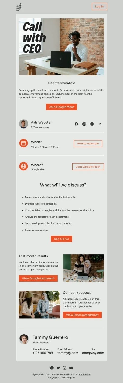 Promo email template «Call with CEO» for business industry