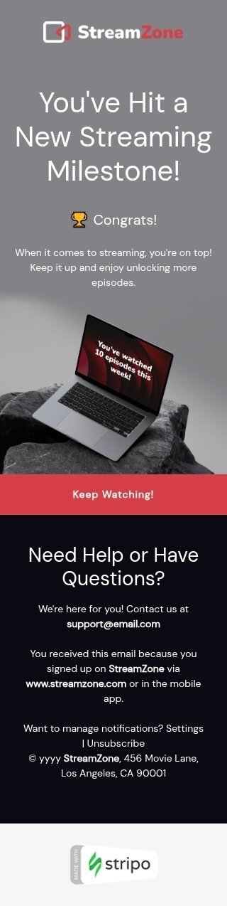 Milestone celebration email template "New streaming milestone" for movies industry mobile view