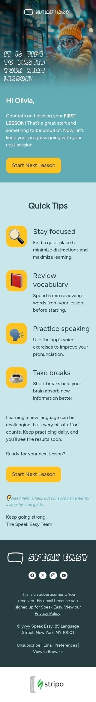 Milestone celebration email template "Start next lesson" for education industry mobile view