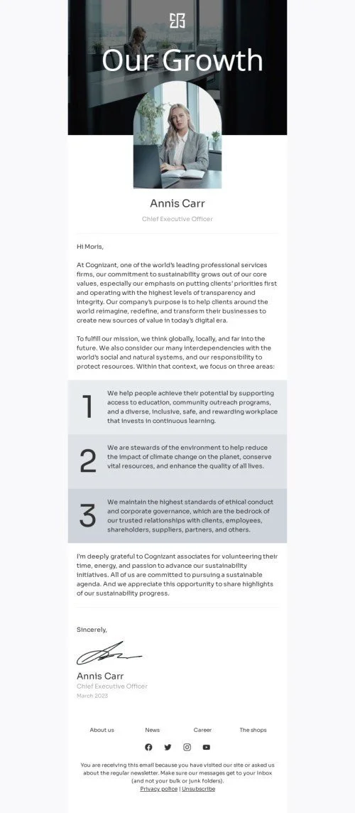 Promo email template «Message from CEO» for business industry