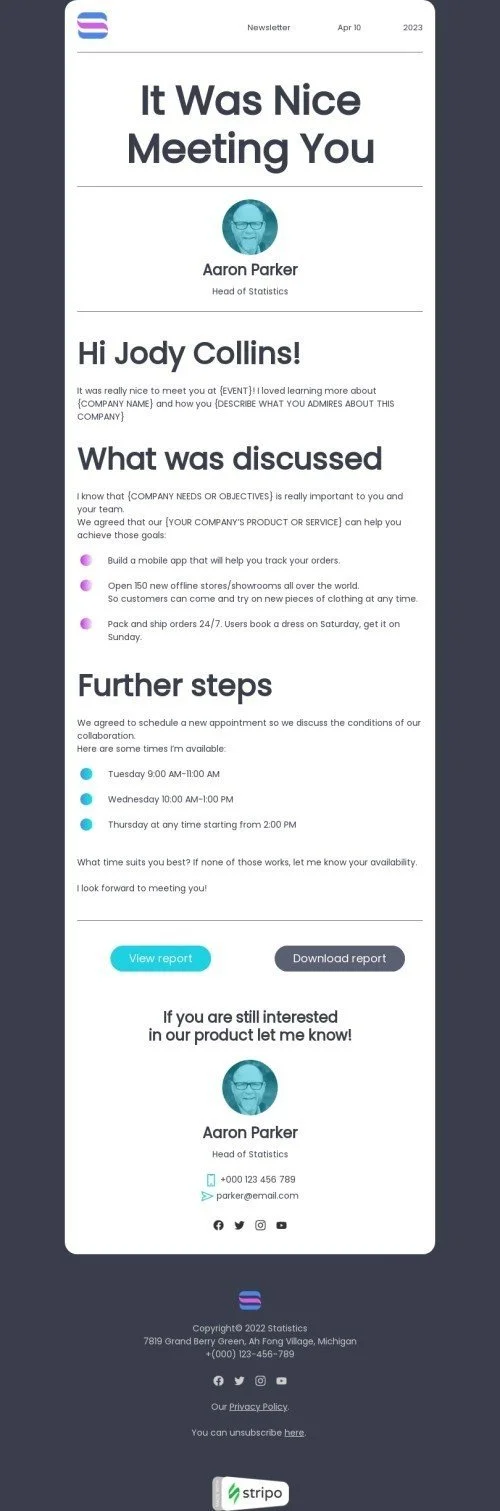 Outreach email template "It was nice meeting you" for business industry