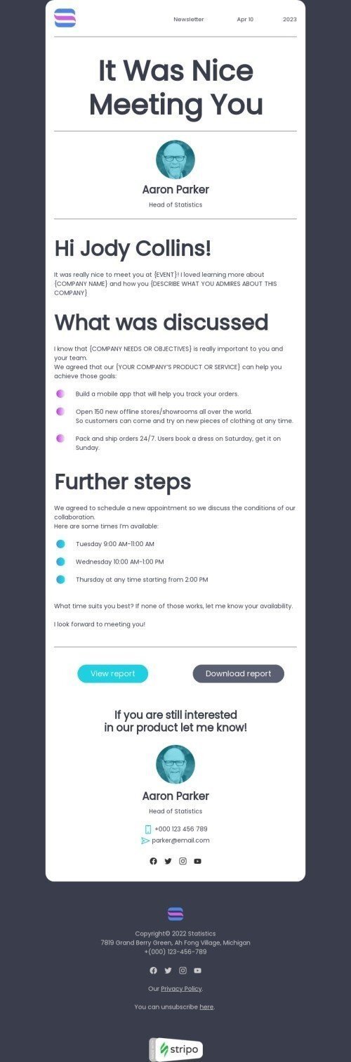 Outreach email template "It was nice meeting you" for business industrydesktop view