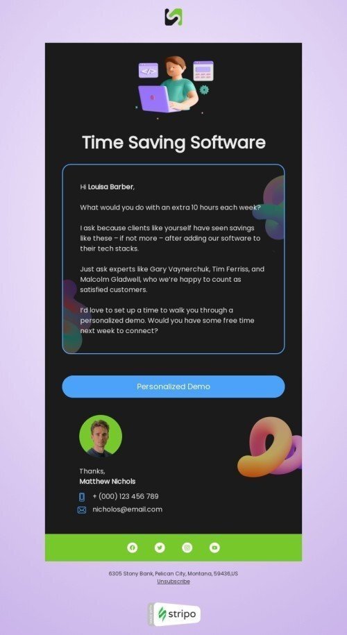Modelo de e-mail de «Software de economia de tempo» de outreach para a indústria de negócios Visualização de desktop