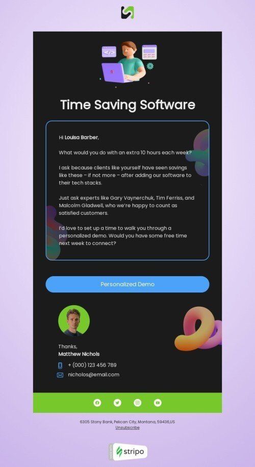 Outreach email template "Time saving software" for business industry mobile view