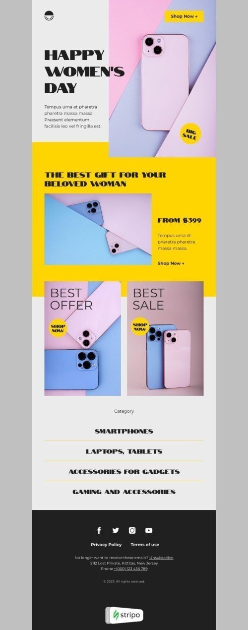 Modelo de e-mail de «O melhor presente para sua amada mulher» de Dia da Mulher para a indústria de gadgets Visualização de desktop