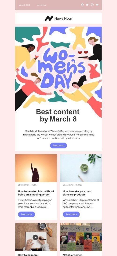 Plantilla de correo electrónico «Mejor contenido antes del 8 de marzo» de Día de la Mujer para la industria de publicaciones y blogs Vista de móvil