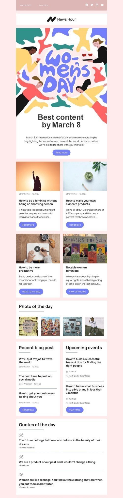 Modèle de courrier électronique Journée de la femme «Meilleur contenu d'ici le 8 mars» pour le secteur publications & blogging Affichage mobile