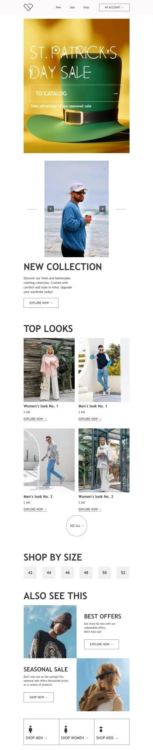 St. Patrick’s Day email template "Take advantage of our seasonal sale" for fashion industry