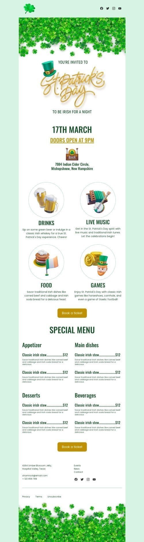 St. Patrick’s Day Email Template "To be irish for a night" for Restaurants industry mobile view