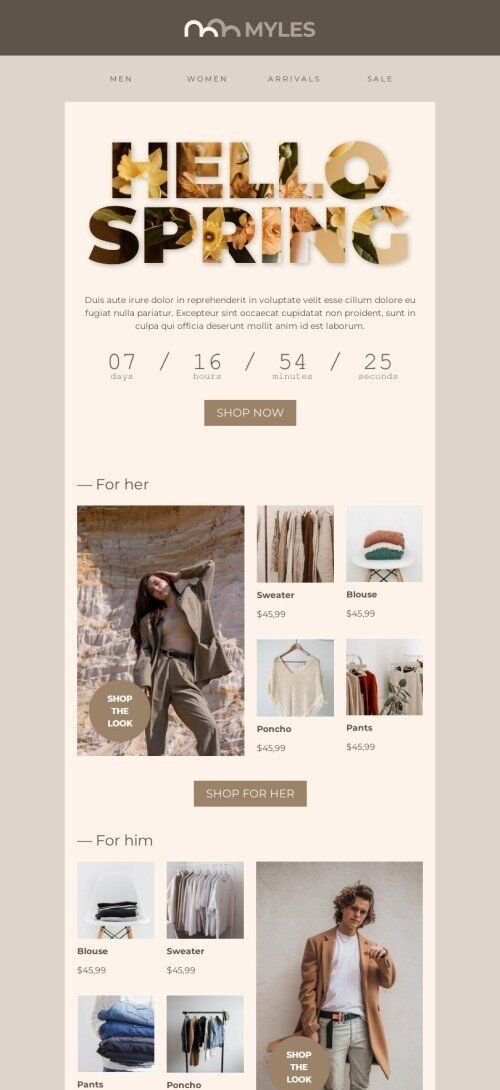 Spring email template "Hello spring" for fashion industry mobile view