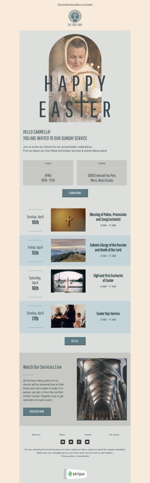 Шаблон письма к празднику Пасха «Пасхальные торжества» для индустрии «Дизайн шаблонов для некоммерческих email-кампаний» мобильный вид