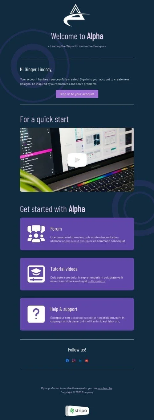 SaaS email template "Leading the way with innovative designs" for business industry