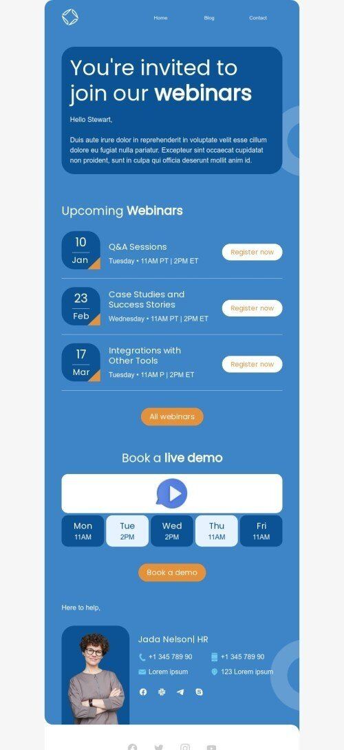 SaaS email template "You're invited to join our webinars" for business industry mobile view