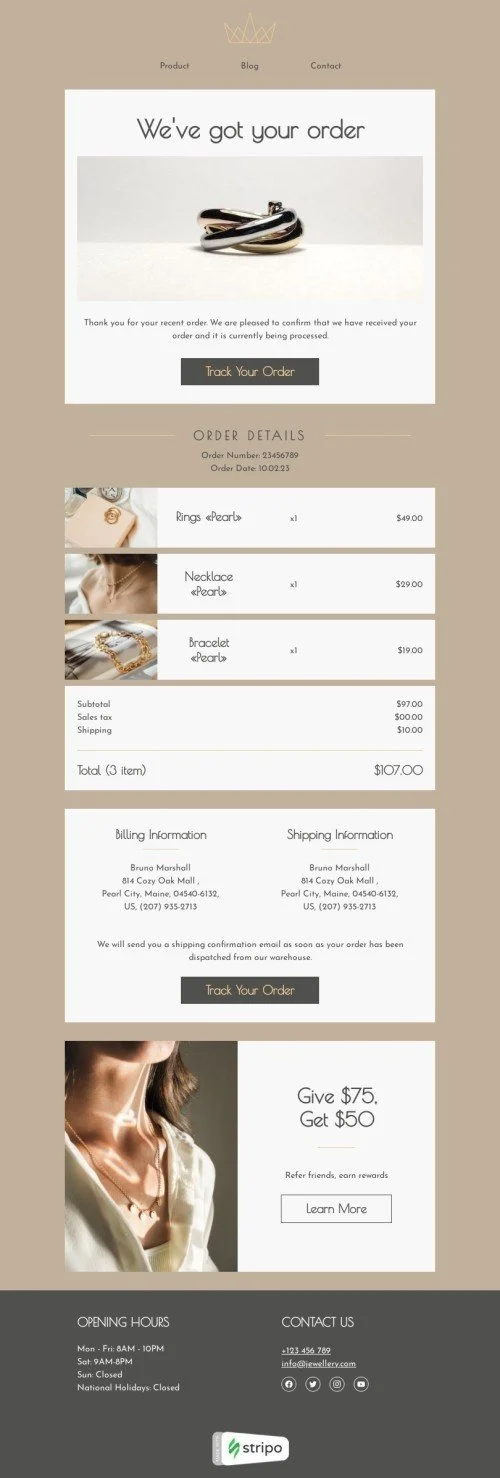 Order confirmation email template "We've got your order" for jewelry industry