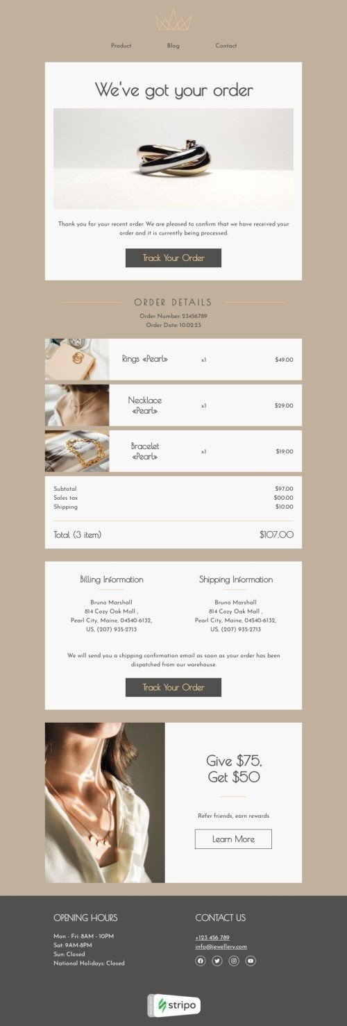 Order confirmation email template "We've got your order" for jewelry industrydesktop view