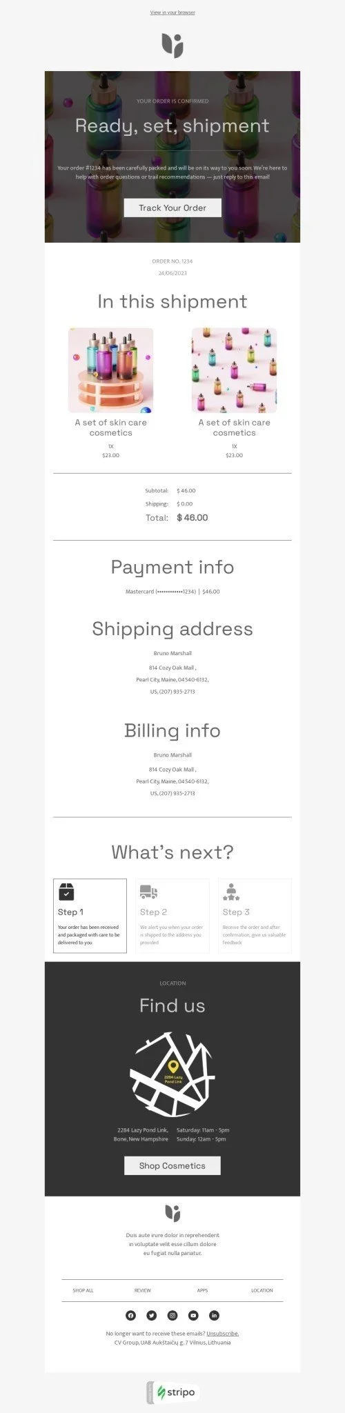 Order confirmation email template "Ready, set, shipped" for beauty & personal care industry