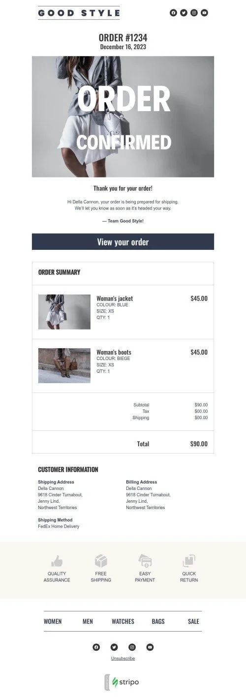 Order confirmation email template "Order confirmed" for fashion industry