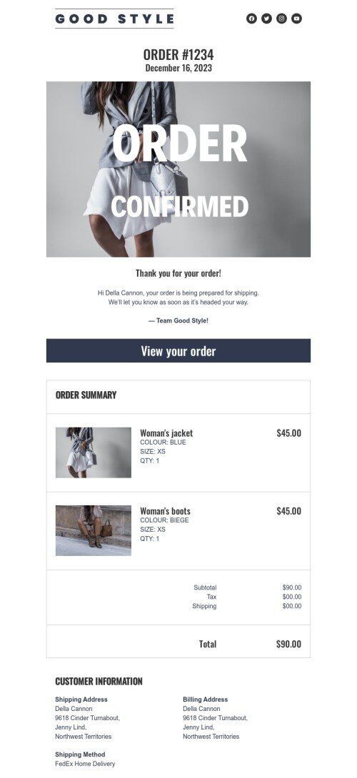 Modello email сonferma dell’ordine «Ordine confermato» per il settore industriale di moda Visualizzazione mobile