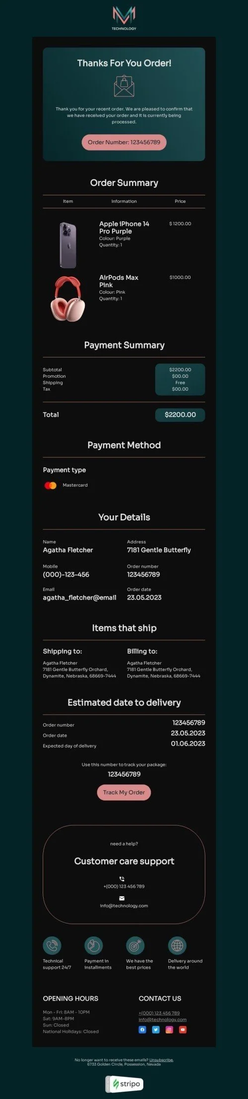 Order confirmation email template "Gadget order confirmed" for gadgets industry