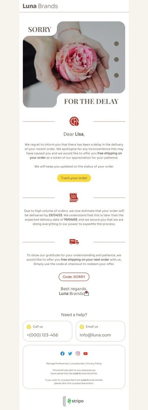 Shipping delay email template "A sincere apology" for fashion industry