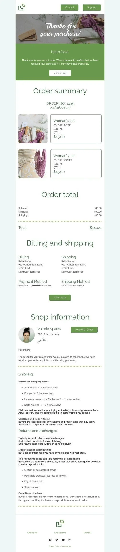 Order confirmation email template "Thanks for your purchase" for beauty & personal care industry