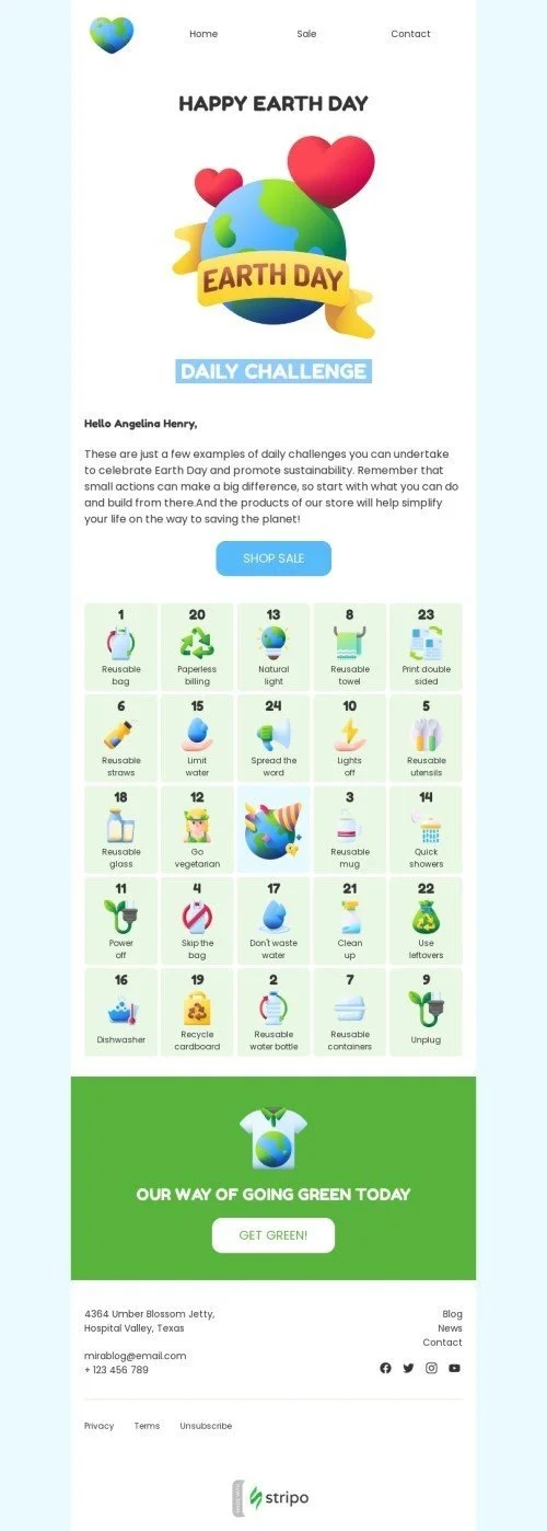 Earth Day email template "Daily challenge" for fashion industry