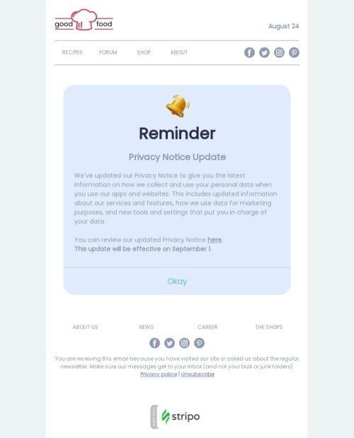 Modello email header «Aggiornamento informativa privacy» per il settore industriale di editoria e blog Visualizzazione mobile