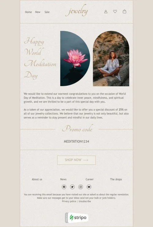 World Meditation Day email template "Take a moment for yourself" for jewelry industry