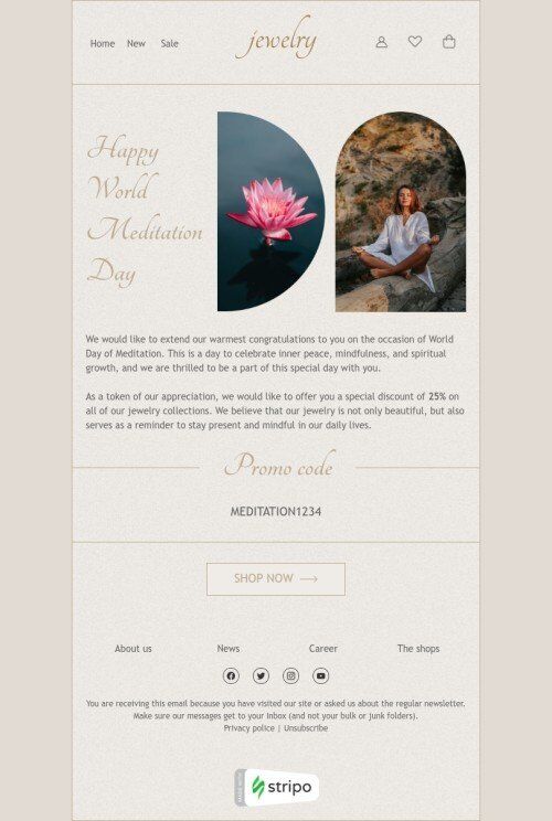 World Meditation Day email template "Take a moment for yourself" for jewelry industry mobile view