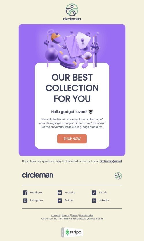 Modello email footer «Ciao amanti dei gadget» per il settore industriale di gadget Visualizzazione mobile