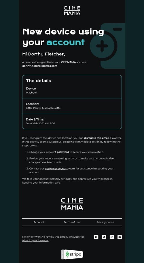Email footer template "New device using your account" for movies industrydesktop view
