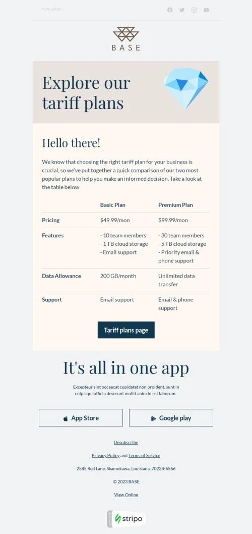 Email footer template "Explore our tariff plans" for business industry